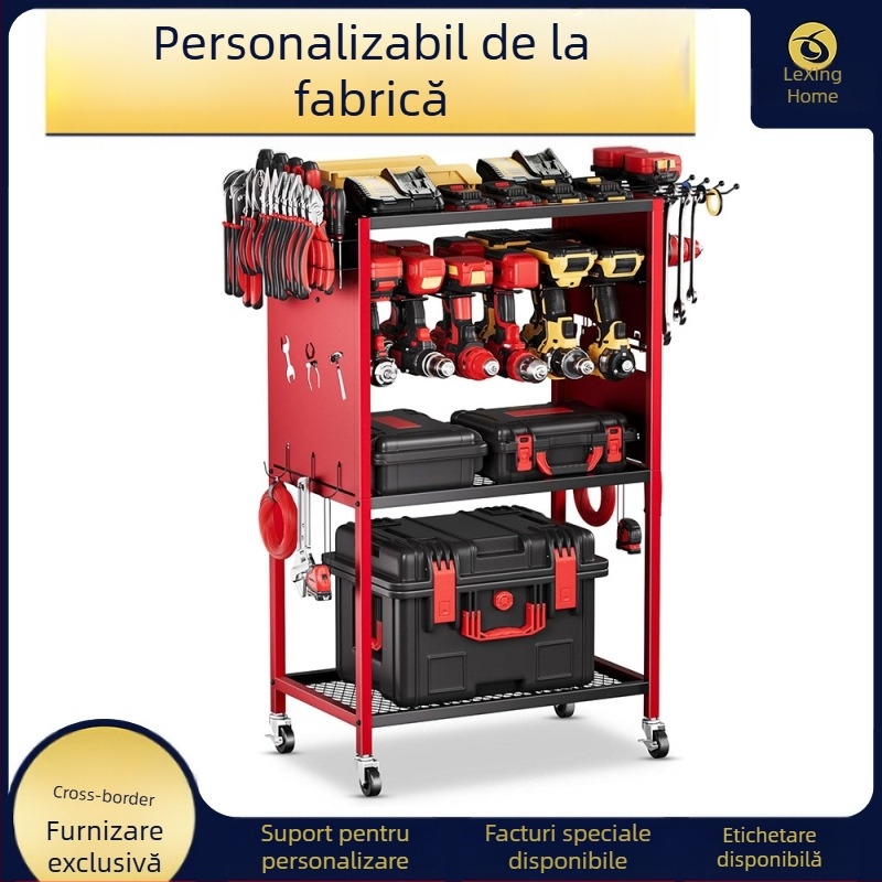 Raft metal de depozitare pentru unelte pe roți, 3 etaje, montare pe podea, pachet de 2 bucăți
