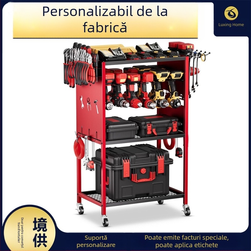 Raft metal de depozitare pentru unelte pe roți, 3 etaje, montare pe podea, pachet de 2 bucăți