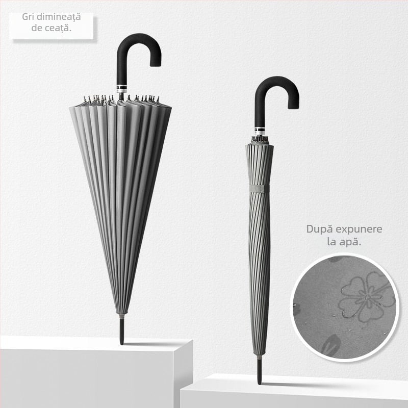 Umbrelă cu mâner lung, cadru cu 12 spițe, țesătură din nylon 170T, spițe din silicon, mâner din aluminiu, deschidere manuală