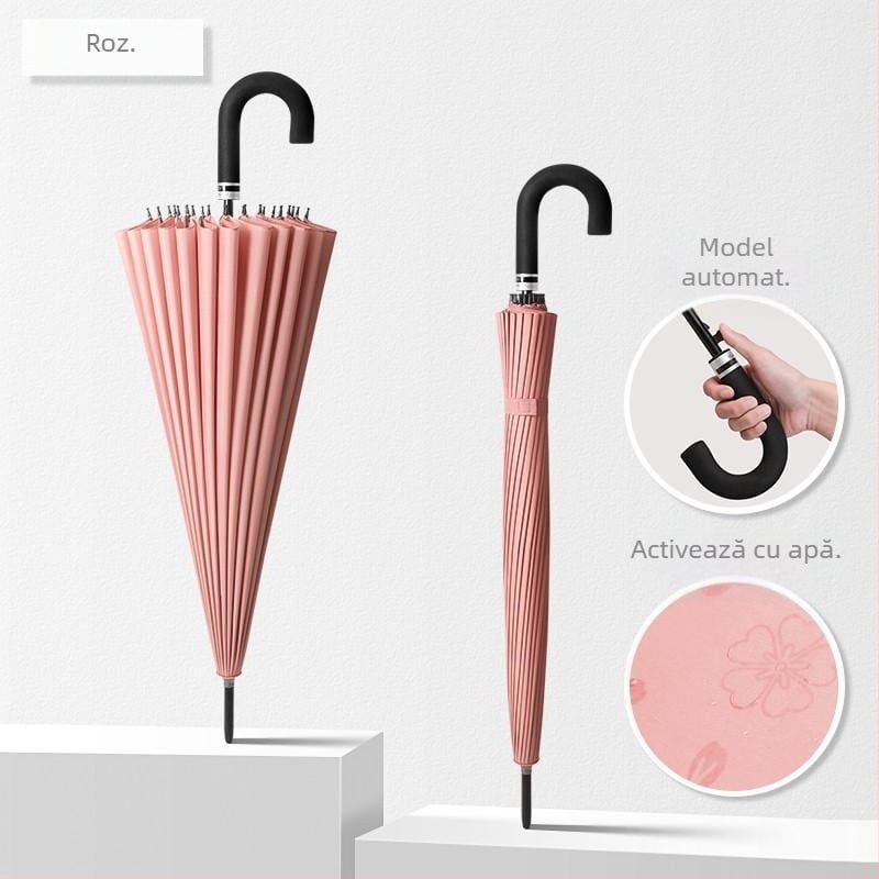 Umbrelă cu mâner lung, cadru cu 12 spițe, țesătură din nylon 170T, spițe din silicon, mâner din aluminiu, deschidere manuală