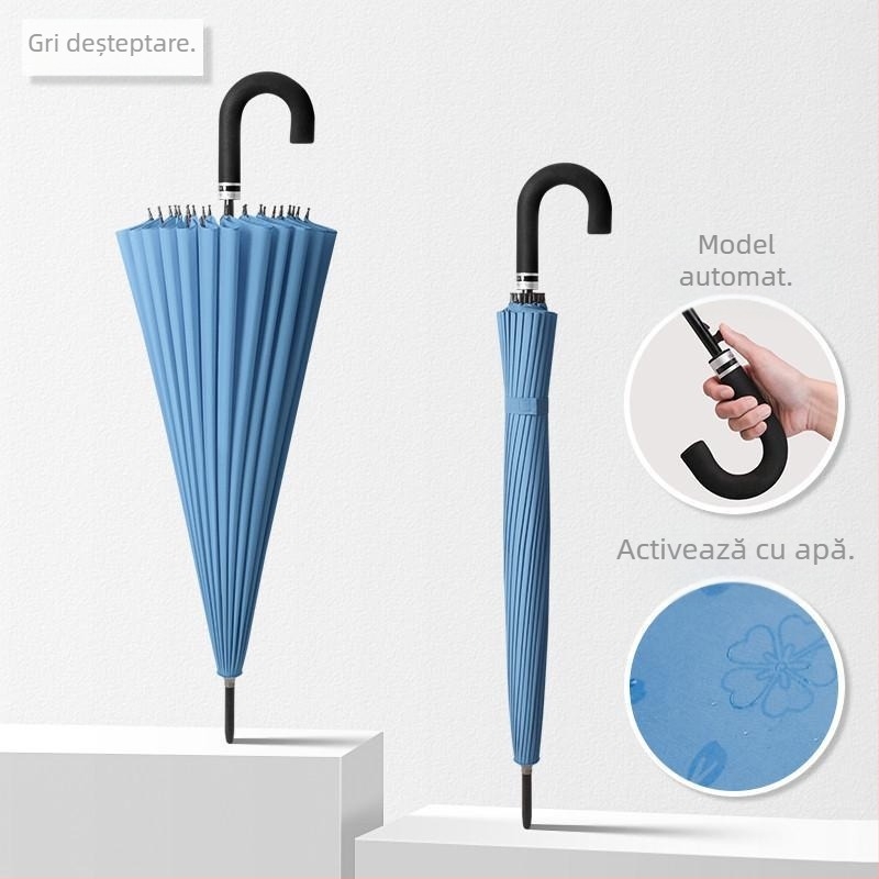 Umbrelă cu mâner lung, cadru cu 12 spițe, țesătură din nylon 170T, spițe din silicon, mâner din aluminiu, deschidere manuală