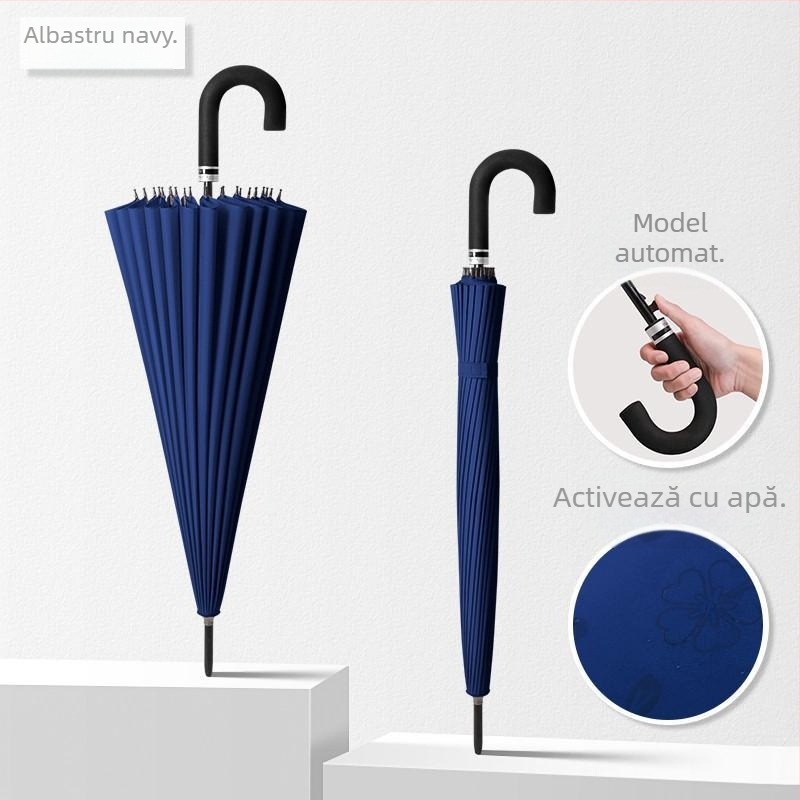 Umbrelă cu mâner lung, cadru cu 12 spițe, țesătură din nylon 170T, spițe din silicon, mâner din aluminiu, deschidere manuală