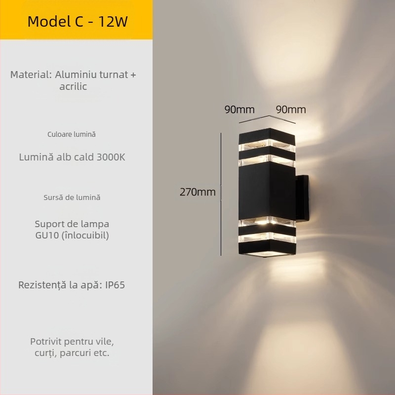 Lampa de perete exterior LED – impermeabilă, abajur ABS, corp din aluminiu, tensiune redusă ≤36V, lampă de perete pătrată pentru vilă/intrare