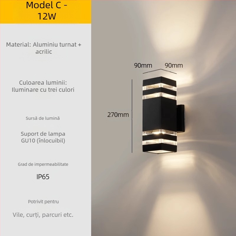 Lampa de perete exterior LED – impermeabilă, abajur ABS, corp din aluminiu, tensiune redusă ≤36V, lampă de perete pătrată pentru vilă/intrare