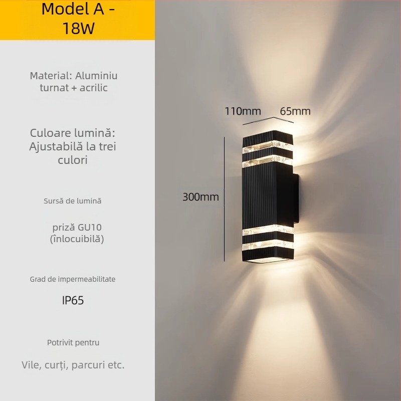 Lampa de perete exterior LED – impermeabilă, abajur ABS, corp din aluminiu, tensiune redusă ≤36V, lampă de perete pătrată pentru vilă/intrare