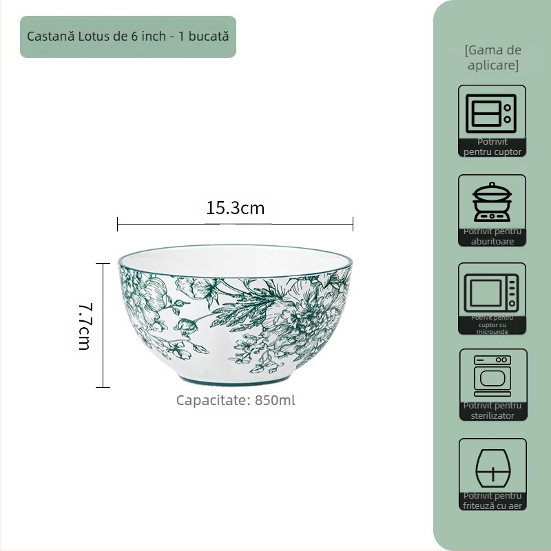 Set ceramic de masă – boluri de supă și farfurii, model floral sub glazură, compatibil cu microunde, porțelan pentru uz zilnic, stil național modern