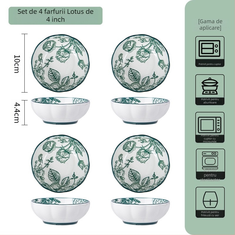 Set ceramic de masă – boluri de supă și farfurii, model floral sub glazură, compatibil cu microunde, porțelan pentru uz zilnic, stil național modern