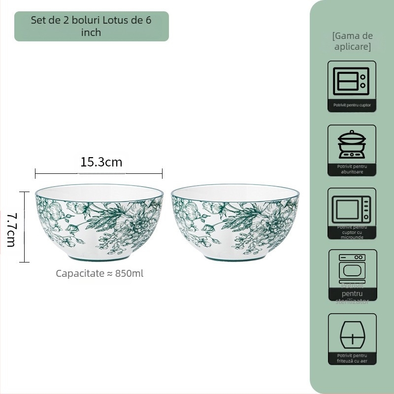 Set ceramic de masă – boluri de supă și farfurii, model floral sub glazură, compatibil cu microunde, porțelan pentru uz zilnic, stil național modern