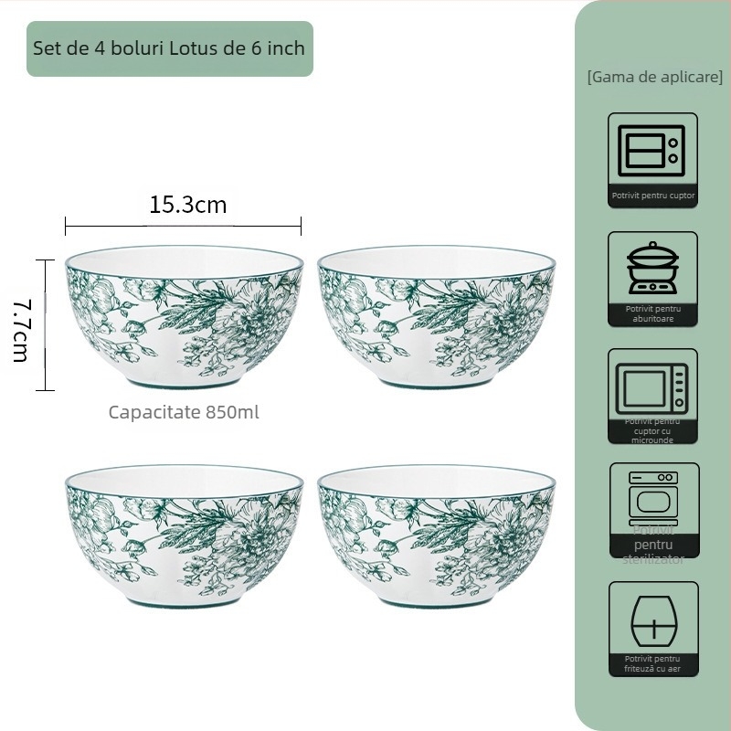 Set ceramic de masă – boluri de supă și farfurii, model floral sub glazură, compatibil cu microunde, porțelan pentru uz zilnic, stil național modern