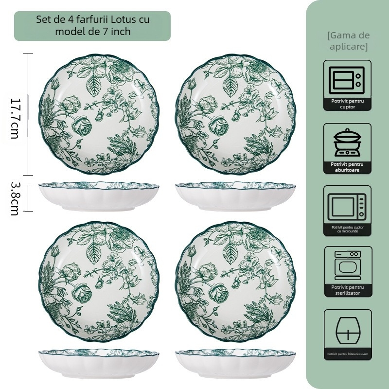 Set ceramic de masă – boluri de supă și farfurii, model floral sub glazură, compatibil cu microunde, porțelan pentru uz zilnic, stil național modern