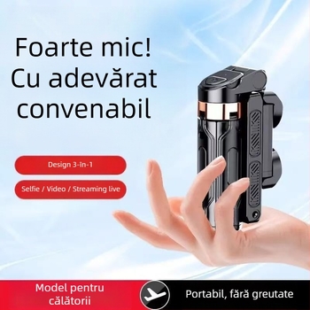 Mini selfie stick Bluetooth pentru telefon cu trepied cu patru picioare, telescopic, stabilizare a imaginii, iluminare încorporată, aluminiu + ABS