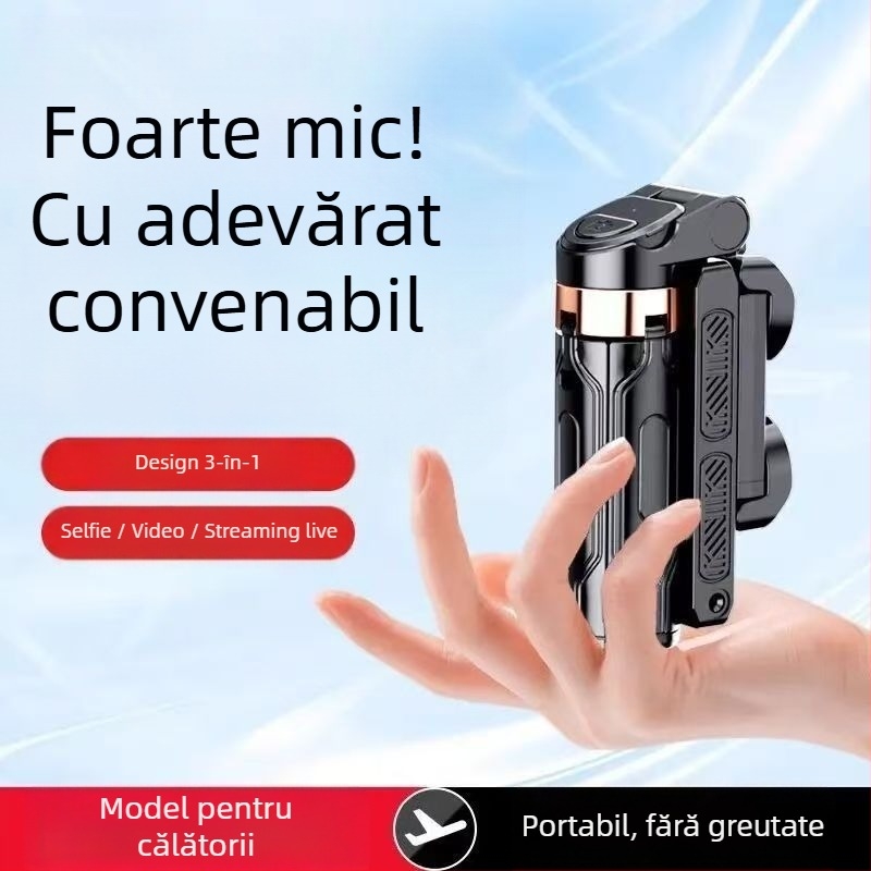 Mini selfie stick Bluetooth pentru telefon cu trepied cu patru picioare, telescopic, stabilizare a imaginii, iluminare încorporată, aluminiu + ABS