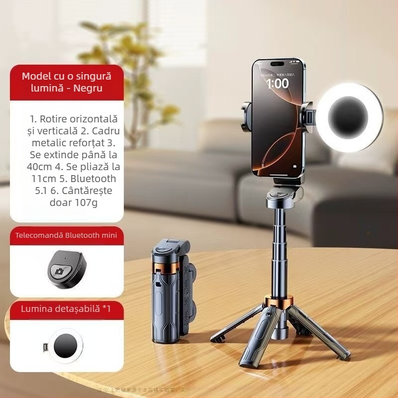 Mini selfie stick Bluetooth pentru telefon cu trepied cu patru picioare, telescopic, stabilizare a imaginii, iluminare încorporată, aluminiu + ABS
