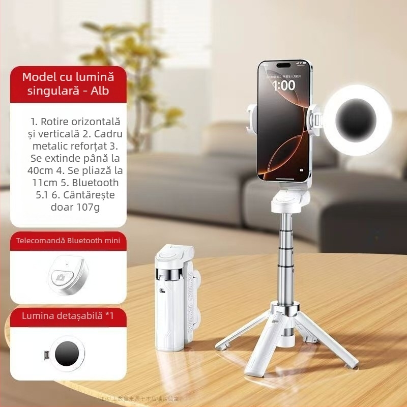 Mini selfie stick Bluetooth pentru telefon cu trepied cu patru picioare, telescopic, stabilizare a imaginii, iluminare încorporată, aluminiu + ABS