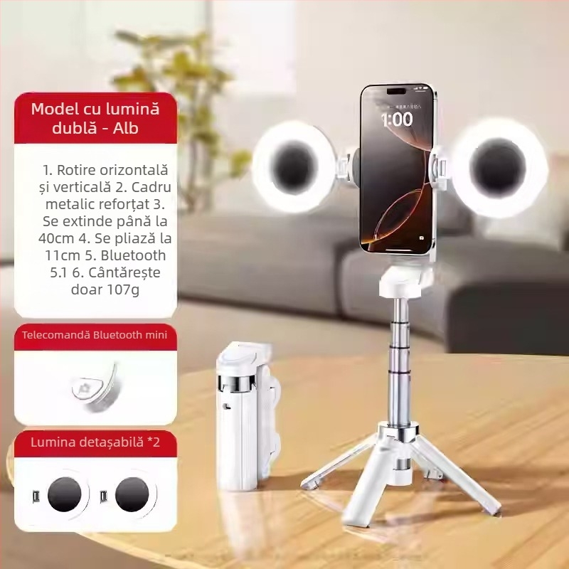 Mini selfie stick Bluetooth pentru telefon cu trepied cu patru picioare, telescopic, stabilizare a imaginii, iluminare încorporată, aluminiu + ABS