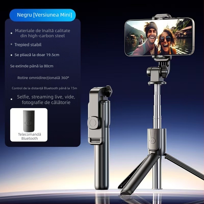 Mini selfie stick Bluetooth pentru telefon cu trepied cu patru picioare, telescopic, stabilizare a imaginii, iluminare încorporată, aluminiu + ABS