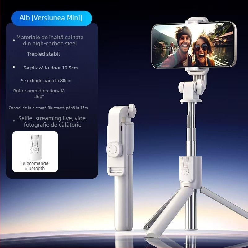 Mini selfie stick Bluetooth pentru telefon cu trepied cu patru picioare, telescopic, stabilizare a imaginii, iluminare încorporată, aluminiu + ABS