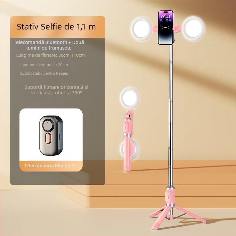 Mini selfie stick Bluetooth pentru telefon cu trepied cu patru picioare, telescopic, stabilizare a imaginii, iluminare încorporată, aluminiu + ABS