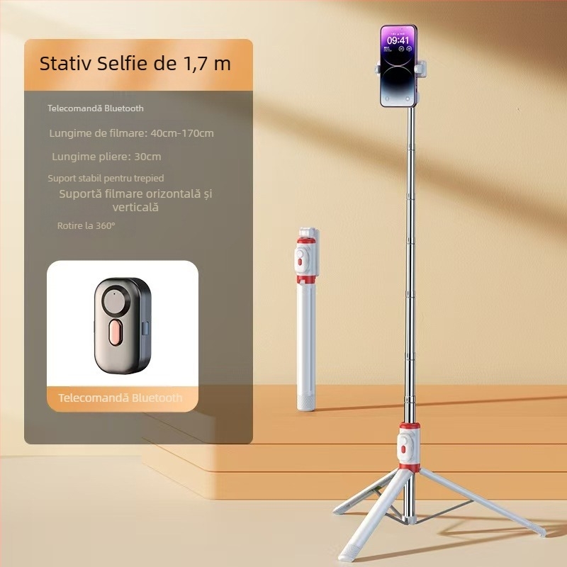 Mini selfie stick Bluetooth pentru telefon cu trepied cu patru picioare, telescopic, stabilizare a imaginii, iluminare încorporată, aluminiu + ABS