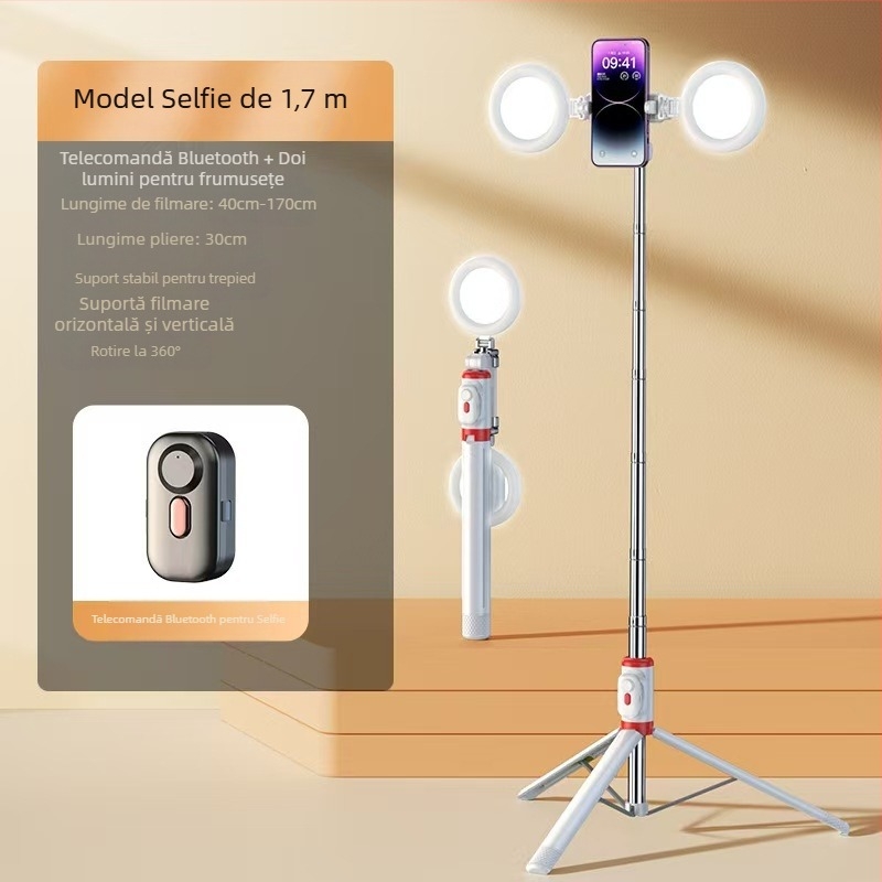Mini selfie stick Bluetooth pentru telefon cu trepied cu patru picioare, telescopic, stabilizare a imaginii, iluminare încorporată, aluminiu + ABS