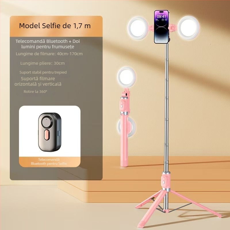 Mini selfie stick Bluetooth pentru telefon cu trepied cu patru picioare, telescopic, stabilizare a imaginii, iluminare încorporată, aluminiu + ABS