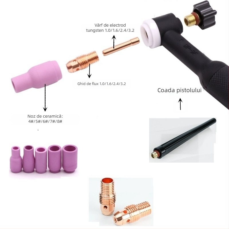 Willishi set accesorii pentru pistol de sudură cu arc cu argon, 58 de piese, compatibil WP9/WP200/WP25, cu pahar din sticlă rezistent la temperaturi înalte