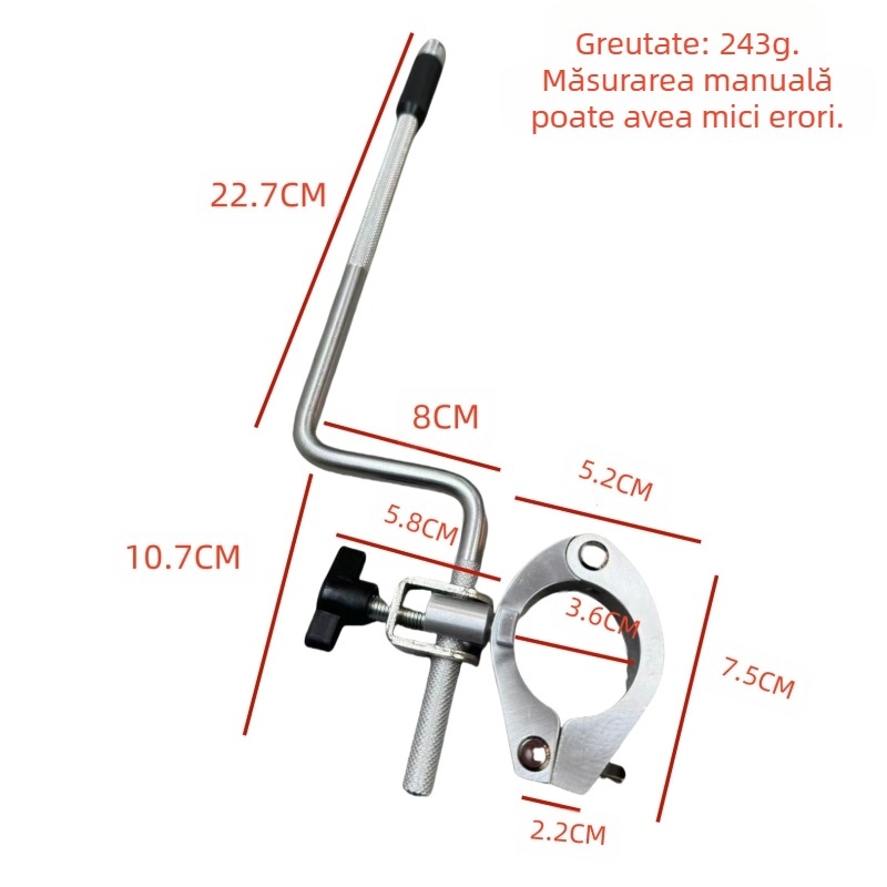 Cuier de microfon pentru sistemul de cadre de tobă, suport pentru țeavă, unghi drept orizontal, mecanism de blocare reglabil