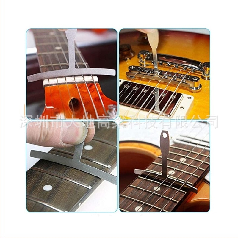 Riglă pentru spațiul din gâtul chitării și pentru măsurarea fingerboard-ului - oțel inoxidabil + plastic, include: riglă spațiu gât, riglă distanțare din plastic, riglă în formă de T, riglă de nivelare
