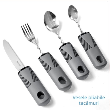 Set tacâmuri din oțel inoxidabil 430, mâner din cauciuc, pliabil și adaptabil pentru bătrâni – cuțit, furcă și lingură