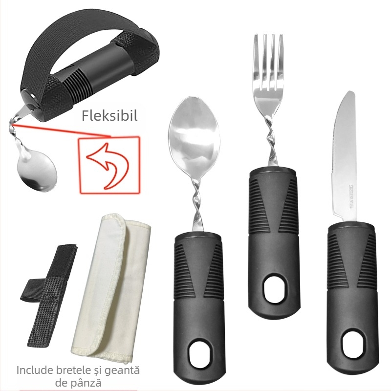 Set tacâmuri din oțel inoxidabil 430, mâner din cauciuc, pliabil și adaptabil pentru bătrâni – cuțit, furcă și lingură