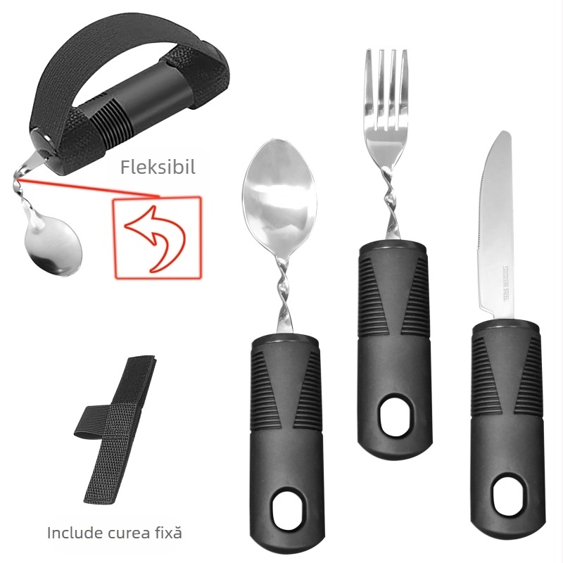 Set tacâmuri din oțel inoxidabil 430, mâner din cauciuc, pliabil și adaptabil pentru bătrâni – cuțit, furcă și lingură