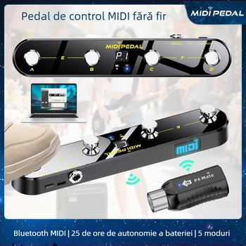 Pedală de control MIDI wireless cu receptor MIDI, compatibilitate bună la personalizări și autonomie lungă a bateriei.