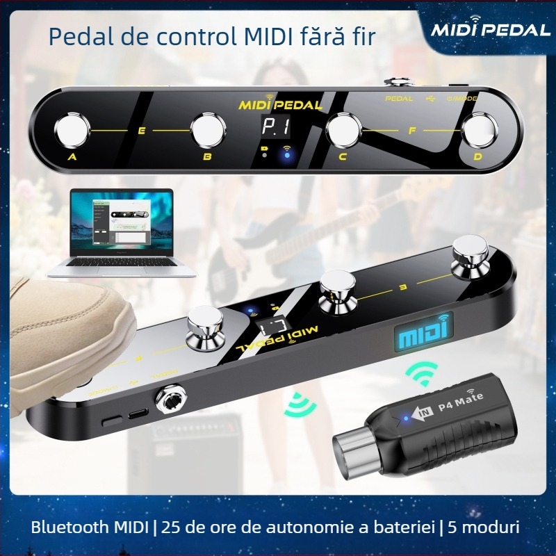 Pedală de control MIDI wireless cu receptor MIDI, compatibilitate bună la personalizări și autonomie lungă a bateriei.