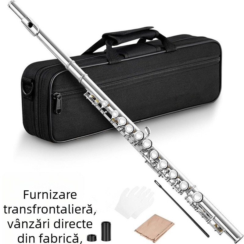 Flaută cu 16 taste, orificii închise, tonalitate C, strat de argint și nichel, corp din cupru alb