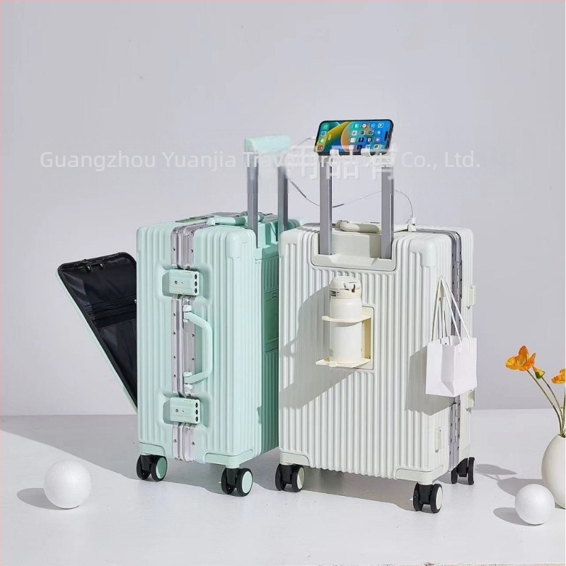 Geantă de bagaje cu deschidere frontală din ABS+PC, încuietoare TSA cu combinație, suport pentru pahar și roți universale.