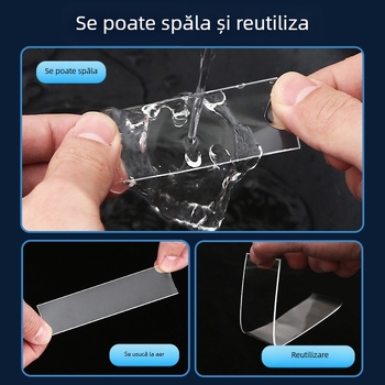 Bandă adezivă nano cu dublă față pentru pereți - Transparentă, Rezistentă la apă, Înaltă viscozitate, Fără reziduuri
