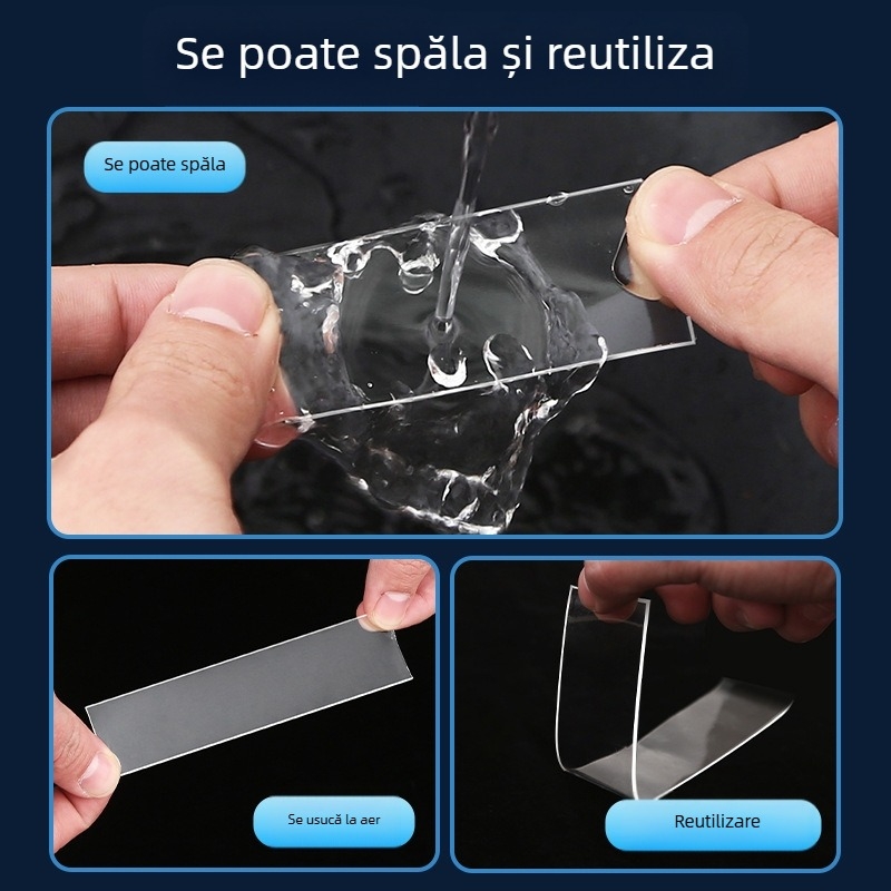 Bandă adezivă nano cu dublă față pentru pereți - Transparentă, Rezistentă la apă, Înaltă viscozitate, Fără reziduuri