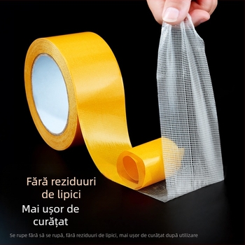 Bandă dublu-adezivă cu bază din plasă pentru fixarea covoarelor, puternic aderentă, fără urme; Lungime 5.1 m (personalizabilă până la 20.5 m), lățime 8-50 mm, grosime 0.28-0.38 mm.