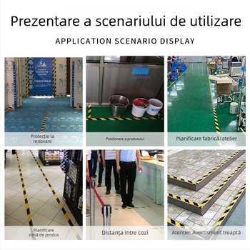 Bandă de avertizare PE pentru securitatea șantierului și marcarea podelei; adeziv pe bază de cauciuc; miez din carton; intervalul de temperatură -50°C până la 100°C; demontare ușoară, fără reziduuri de lipire
