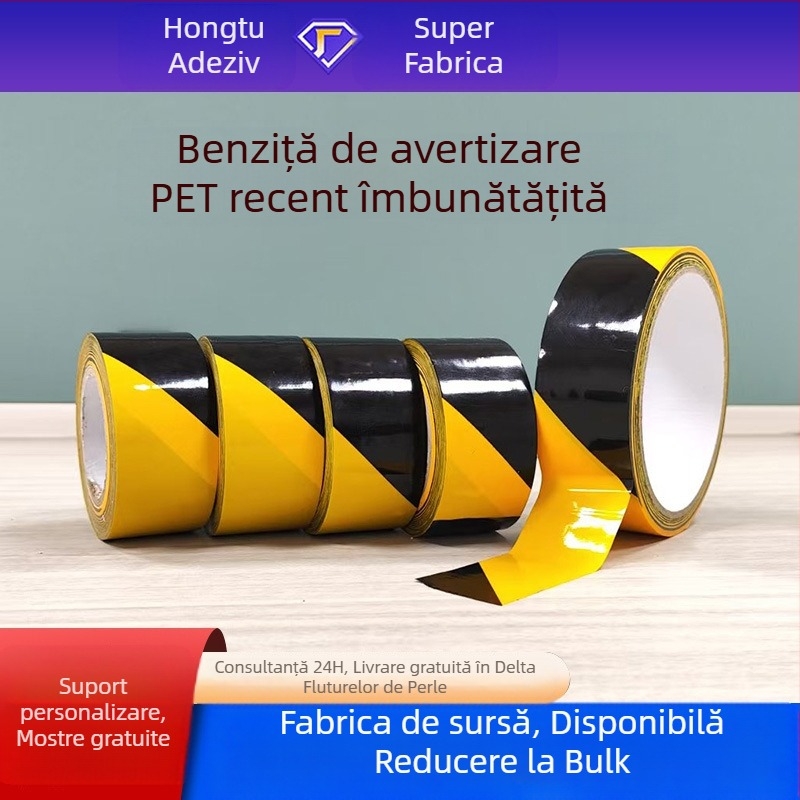 Bandă de avertizare PE pentru securitatea șantierului și marcarea podelei; adeziv pe bază de cauciuc; miez din carton; intervalul de temperatură -50°C până la 100°C; demontare ușoară, fără reziduuri de lipire