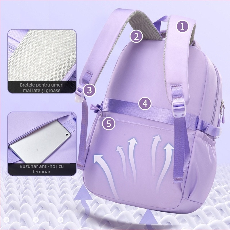 Rucsac școlar pentru fete, material Oxford impermeabil, capacitate mare, ultra ușor, spate ergonomic cu curbă pentru reducerea încărcării și protecția coloanei vertebrale