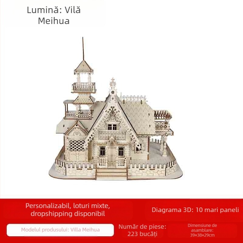 Set 3D din lemn – model vilă, pentru vârsta 7–14 ani, jucărie STEM educațională