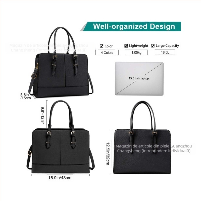 Geantă pentru laptop din piele PU pentru femei, rezistentă la uzură, reduce sarcina, model monocrom, căptușeală din nailon