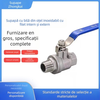 Valvă cu bilă din oțel inoxidabil, filet intern și extern, două piese, pentru apă, flux unic