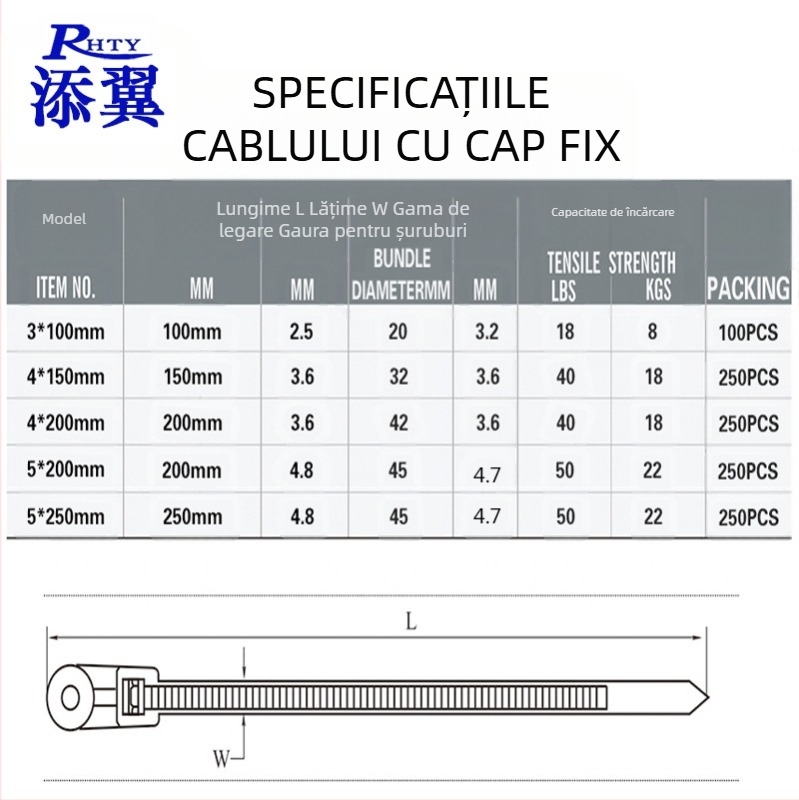 Curea de cablu cu închidere automată, nylon 66, forță de tracțiune 15-18 kg, interval de prindere 3-32 mm, -20°C până la 80°C, clasificare UL 94V-2