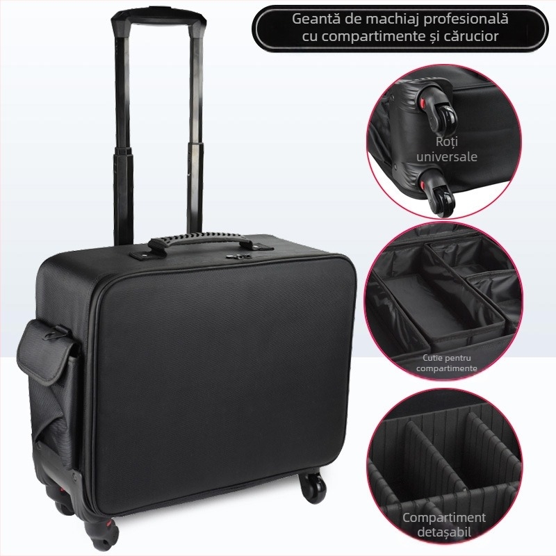 Geantă de machiaj pe roți, cu tijă de tragere, material Oxford, roți universale, închidere cu fermoar