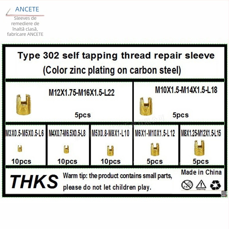 Sleeve autofiletant 302 tip, oțel carbon, set de reparație a filetului, 50 bucăți, pachet combinat