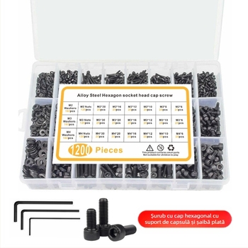 Set șuruburi cu cap cilindric, șuruburi cu șa hexagonală, din oțel carbon 8.8, finisaj oxidat, DIN912-DIN934, 1200 buc. în cutie
