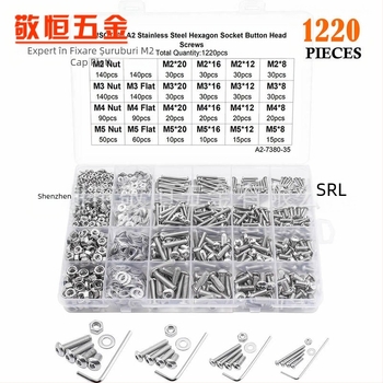 1220 bucăți din oțel inoxidabil 304: șuruburi cu cap rotund și șa interior hexagonal, piulițe și șaibe plate, în cutie. Standard A2-7380-35; Brand Jing Heng
