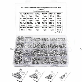 1220 bucăți din oțel inoxidabil 304: șuruburi cu cap rotund și șa interior hexagonal, piulițe și șaibe plate, în cutie. Standard A2-7380-35; Brand Jing Heng